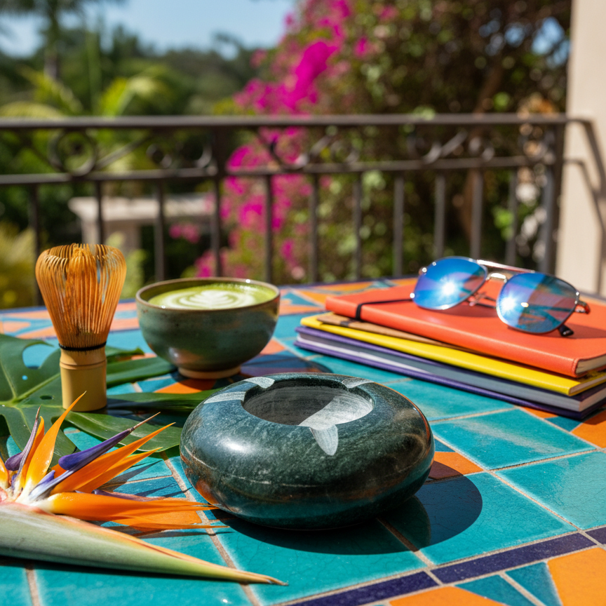 Premium green marble ashtray on an outdoor patio table in natural sunlight