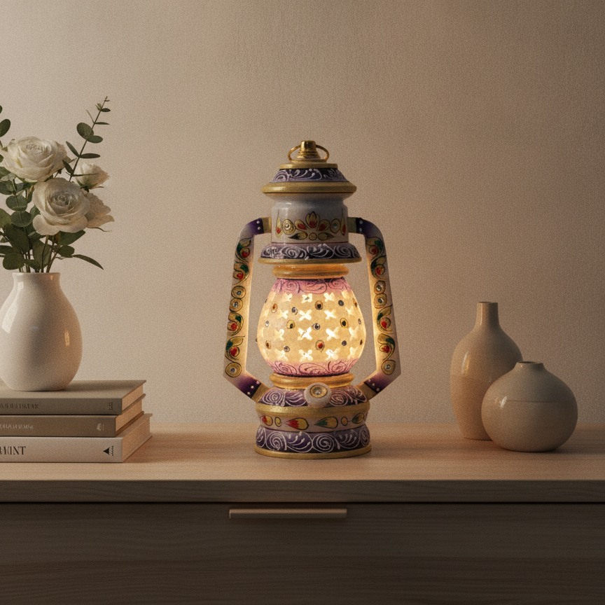 Decorative hand-painted marble lantern with warm LED glow on a modern console table.