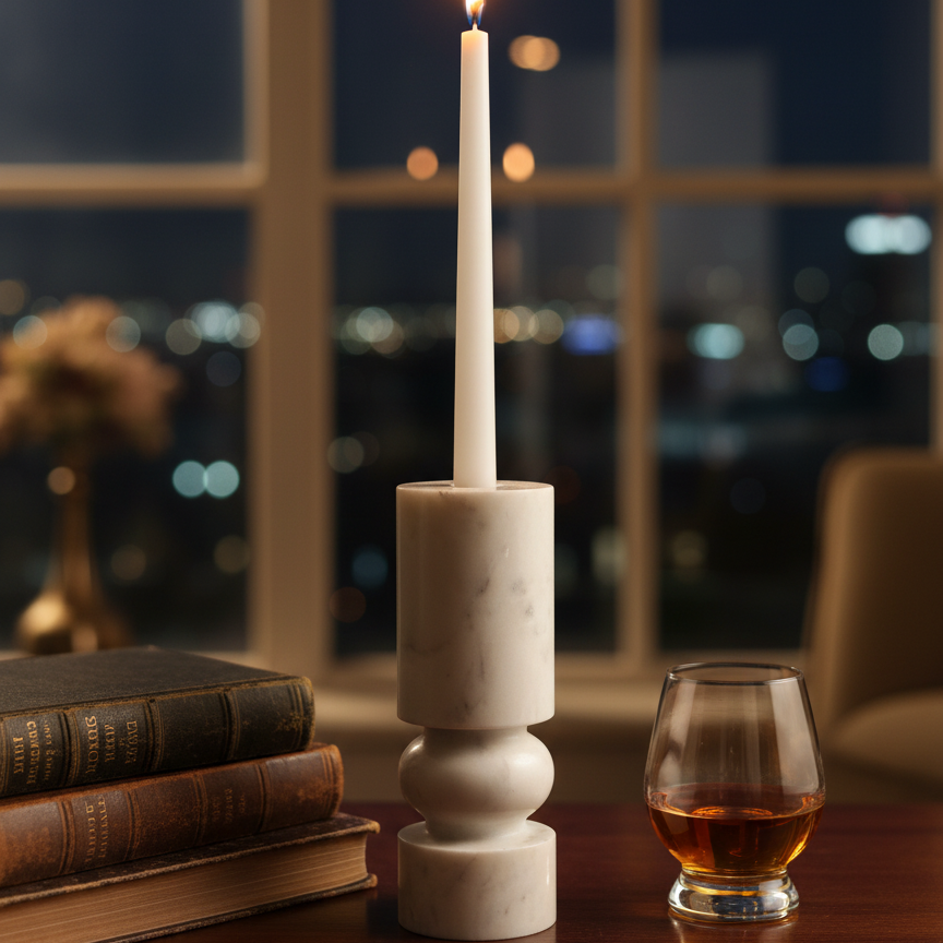 Banswara marble candle holder with lit candle displayed on a table beside books and decorative candle