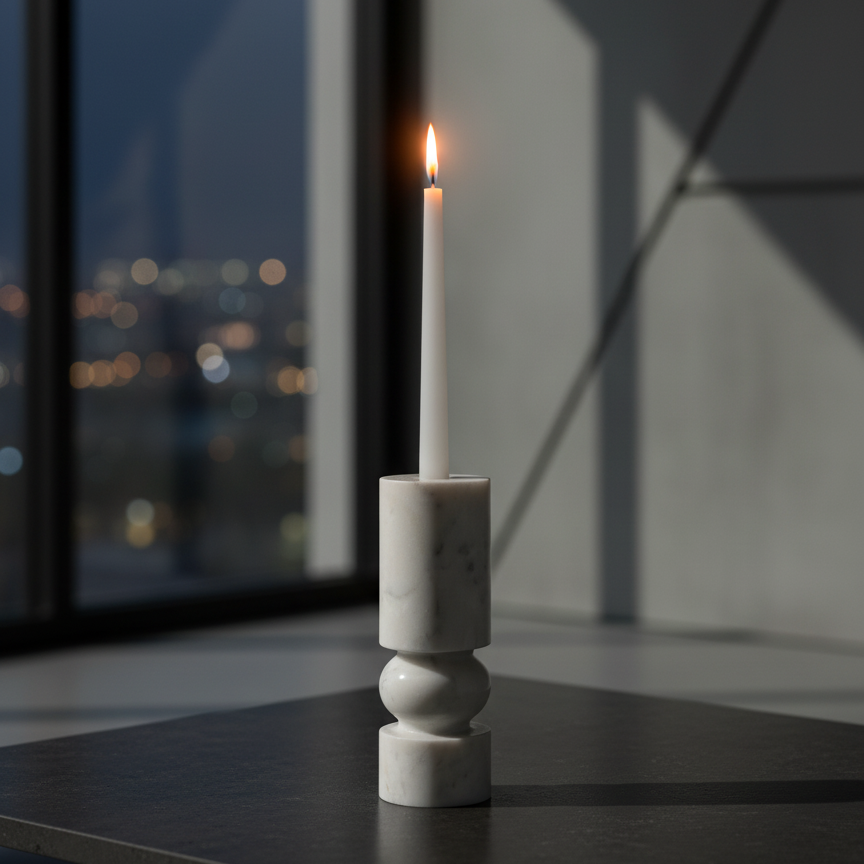 Banswara marble candle holder with lit candle styled on a modern console table overlooking city lights