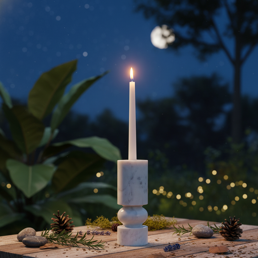 Banswara marble candle holder with lit candle styled on an outdoor stone table with greenery