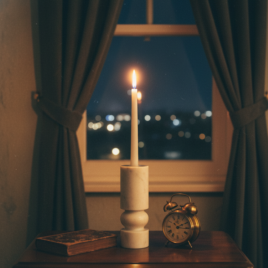 Banswara marble candle holder with lit candle creating a warm ambience beside a window at night