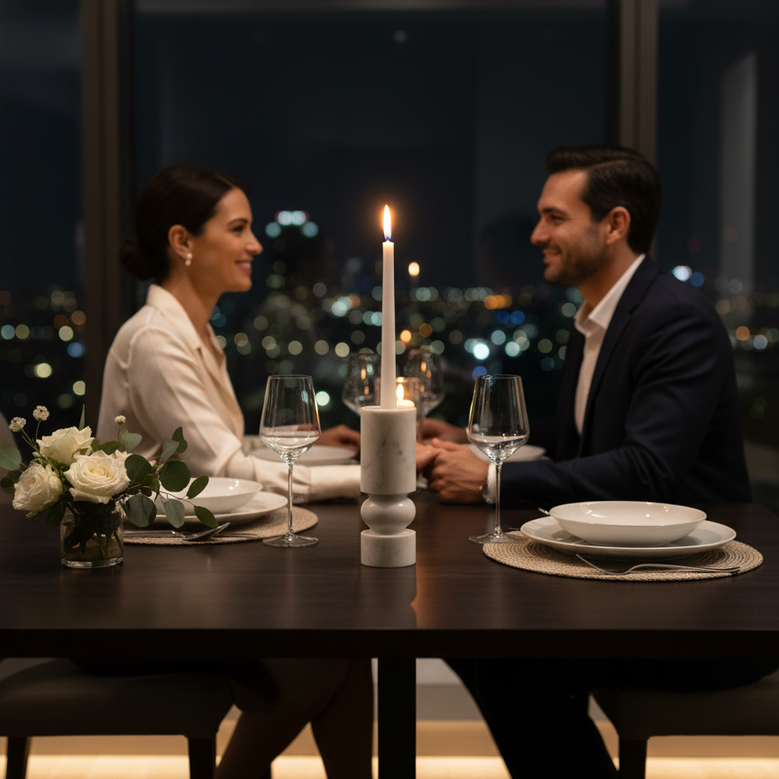 Banswara marble candle holder with lit candle as a centerpiece on an elegant evening dining table