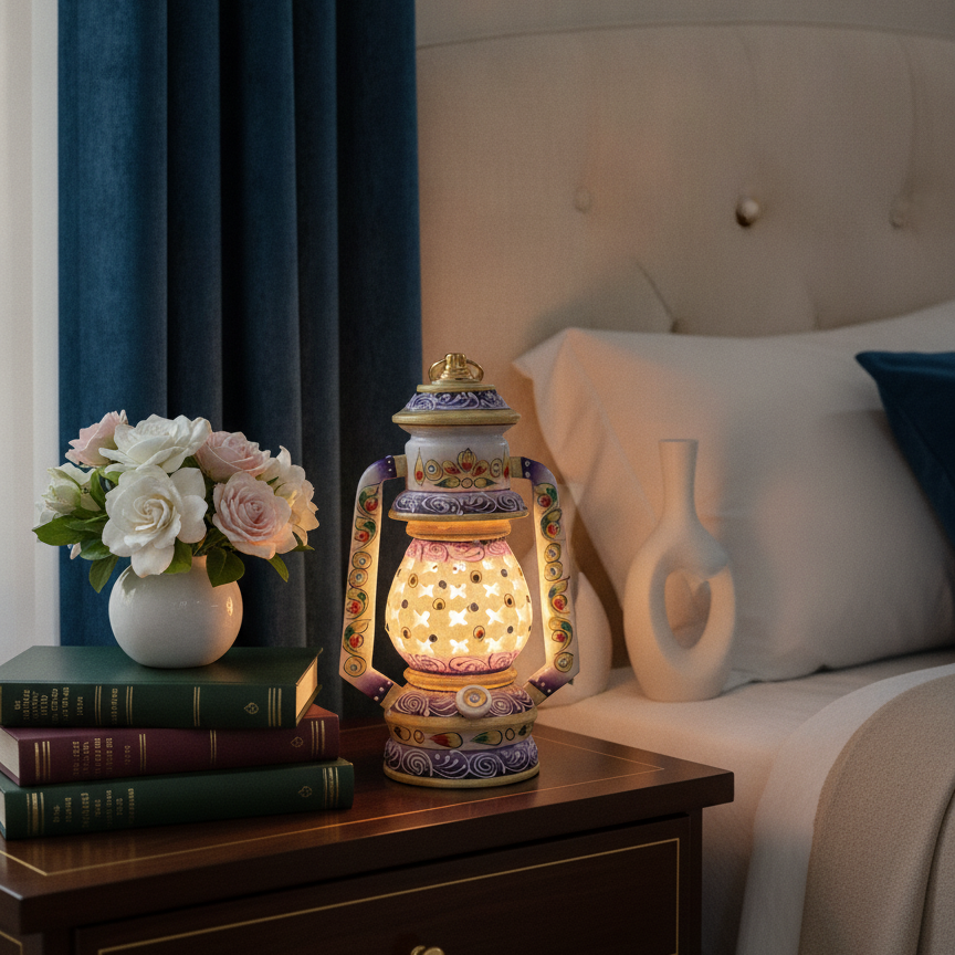 Handcrafted marble lantern with warm LED light on a bedside table in a luxury bedroom.