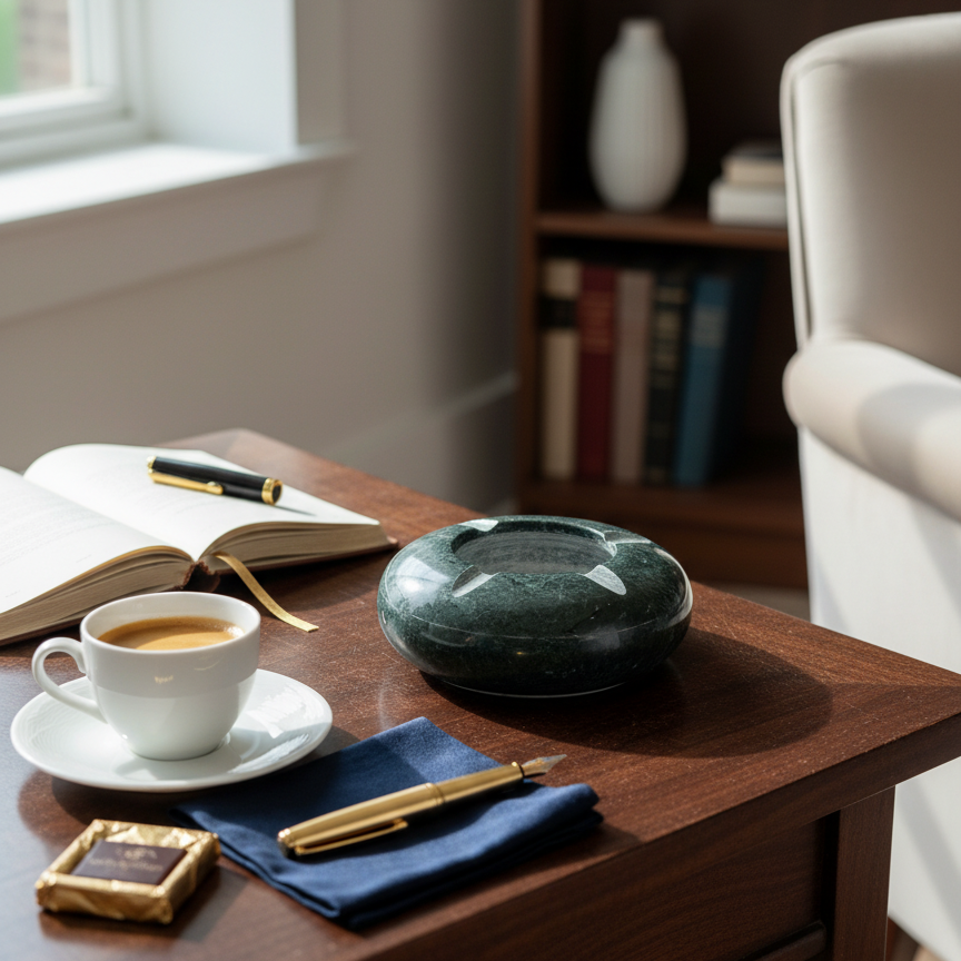 Green marble ashtray styled with coffee and reading accessories on a wooden table