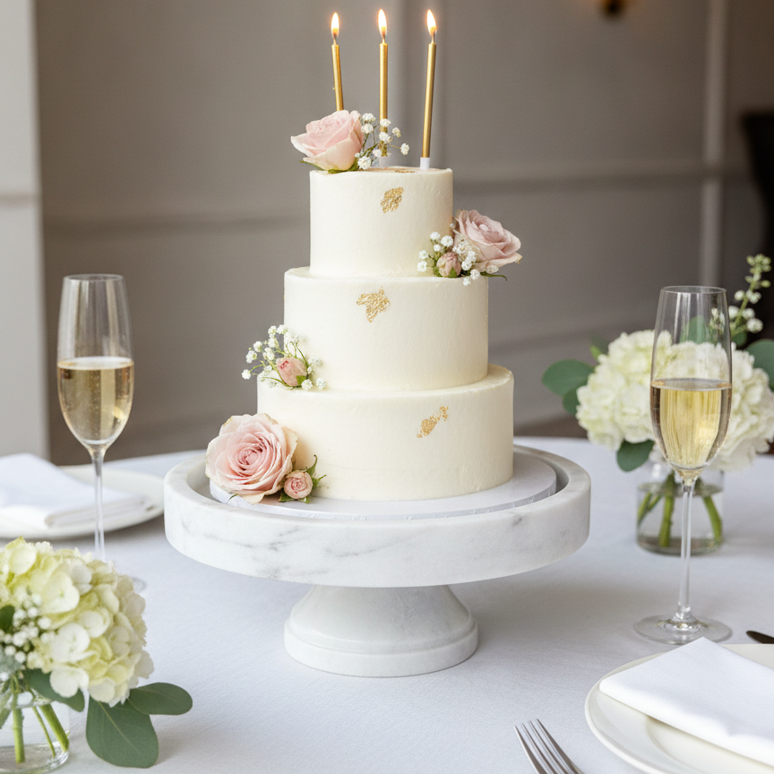 Premium White Marble Cake Stand for displaying a three-tier cream wedding cake on a decorated table with champagne flutes and flowers.