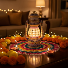 Glowing marble lantern surrounded by rangoli and diyas for Diwali home décor.