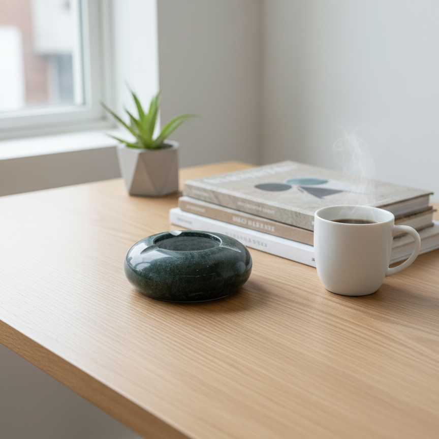 Luxury green marble ashtray on a minimalist office desk beside stationery