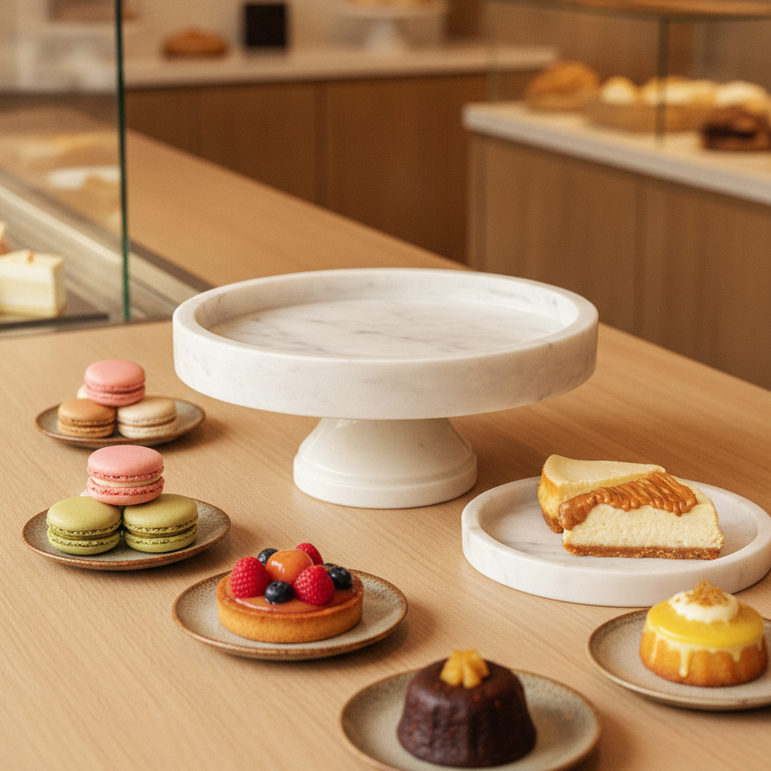 Premium White Marble Cake Stand with Desserts on Bakery Display Table
