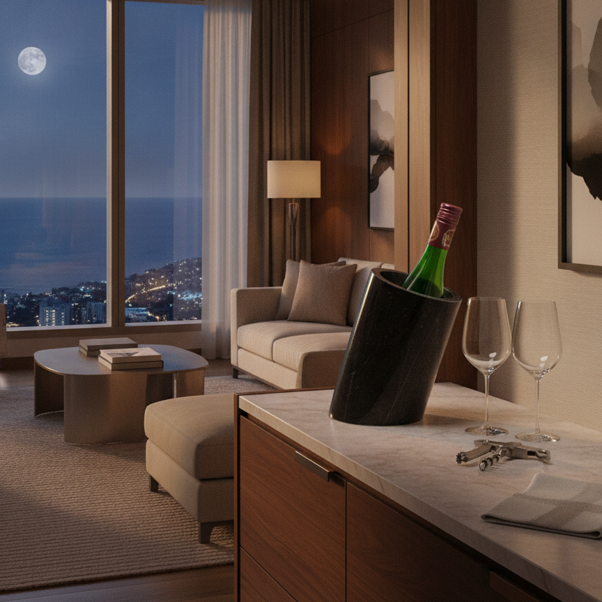 Luxury black marble wine chiller on a modern kitchen countertop overlooking a city skyline at night.