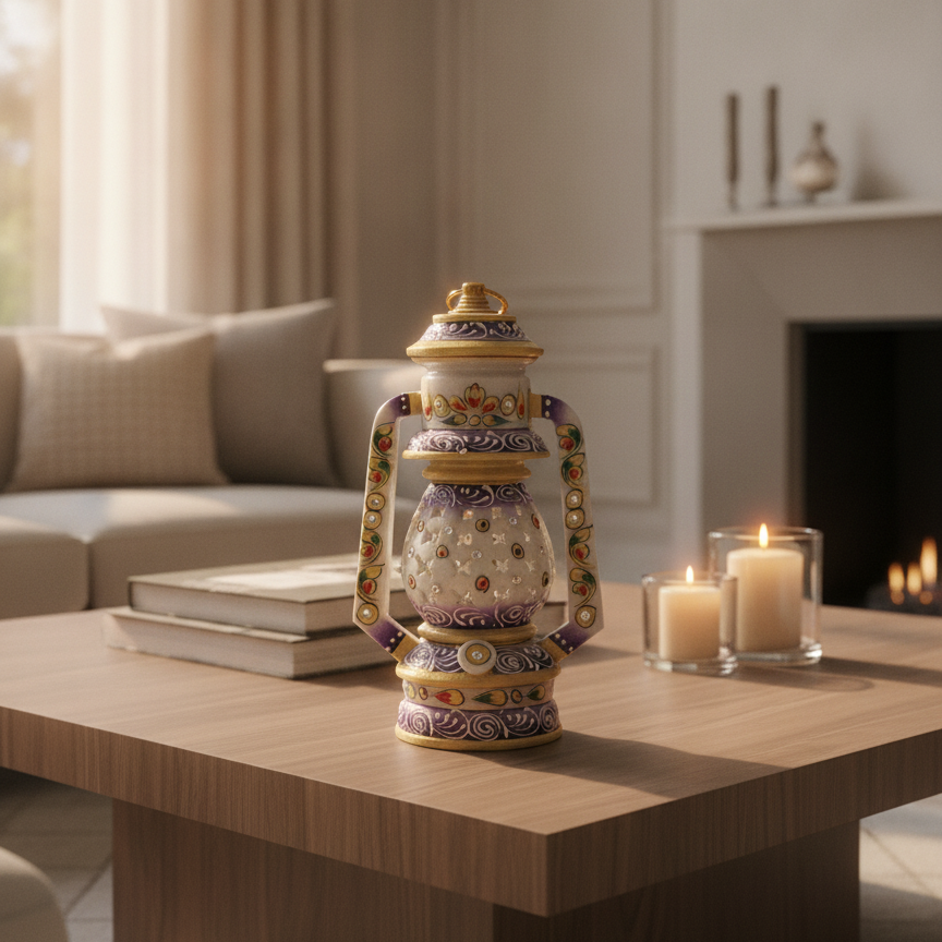 Handcrafted marble lantern displayed on a modern coffee table in a luxury living room.