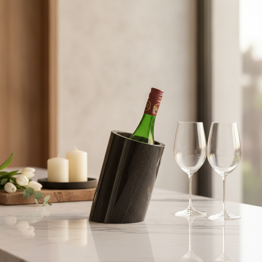 Handcrafted black marble wine chiller on a marble countertop with candles and crystal wine glasses.