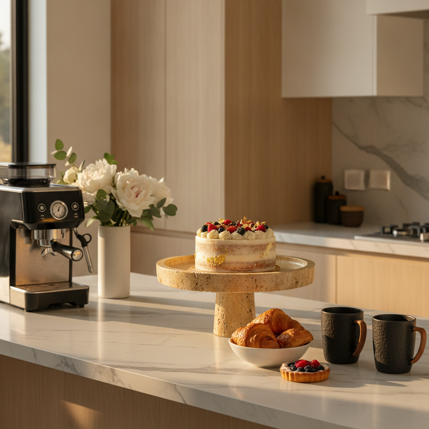 Natural travertine cake stand displaying a decorated cake in a warm modern kitchen