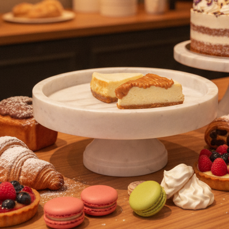 Luxury White Marble Cake Stand Displaying Cheesecake in Artisan Bakery