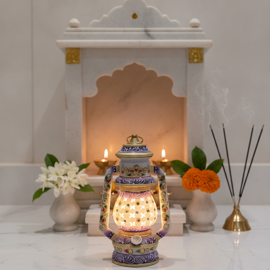 Illuminated marble lantern in a modern pooja room with elegant home décor.