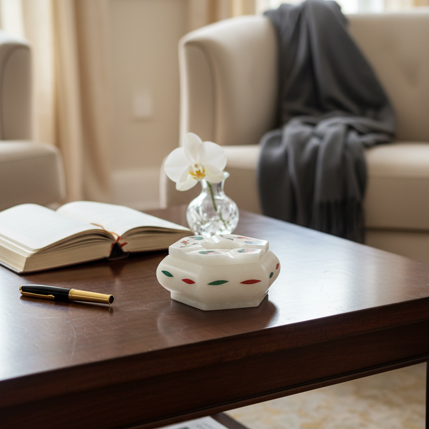 Luxury stone ash tray placed beside books in sophisticated lounge setting