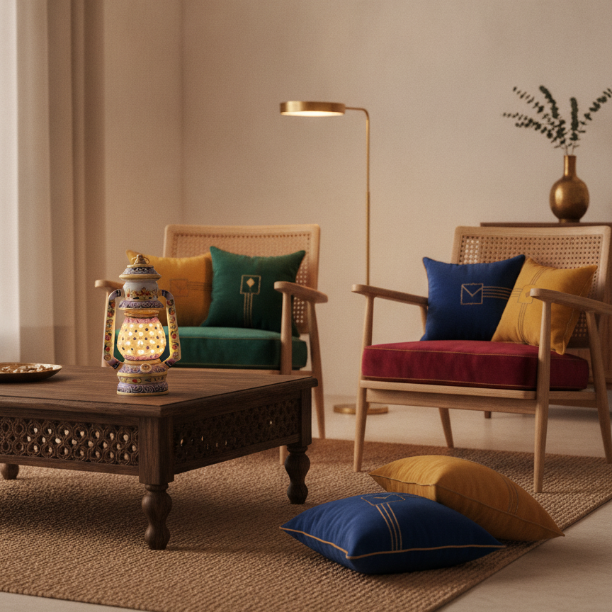Luxury marble lantern placed in a cozy living room with premium furniture and warm lighting.