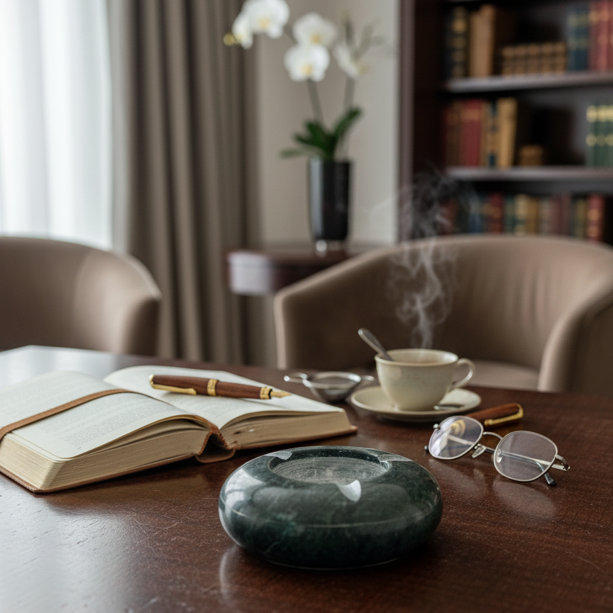 Premium Green marble ashtray with a Tea cup with steam, book, glasses, on a wooden table in a cozy room.