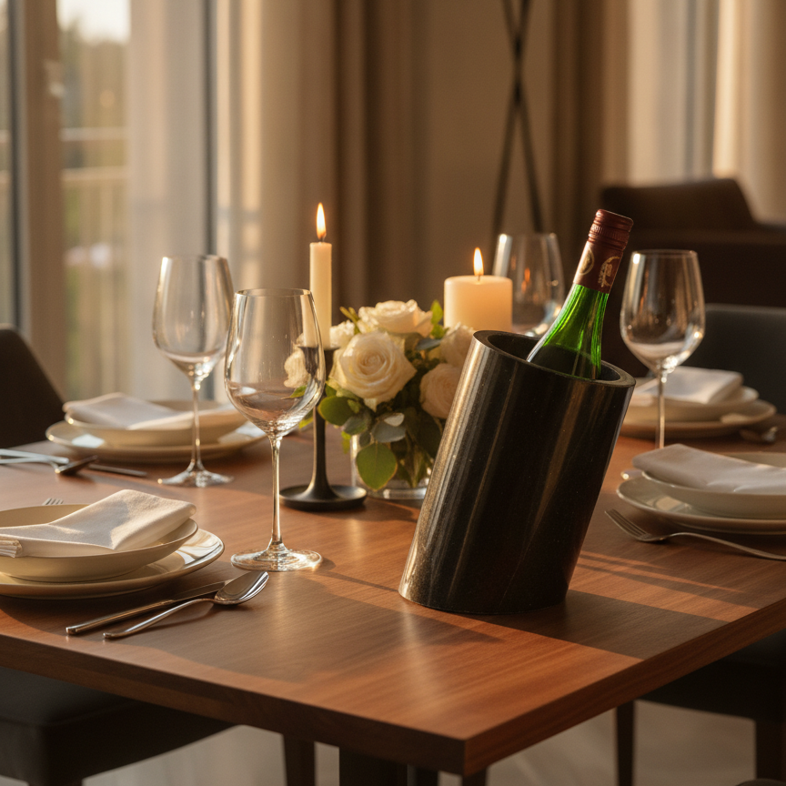 Elegant black marble wine chiller on a beautifully set dining table for wine service and entertaining.