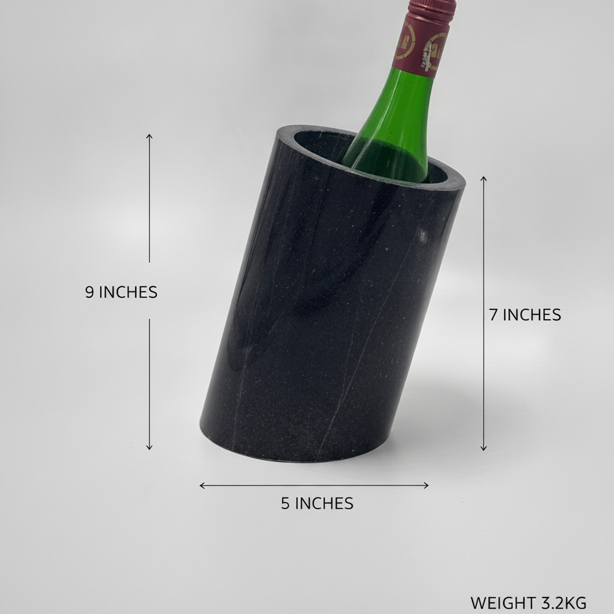 Black marble wine chiller dimensions infographic showing height, diameter, and weight on a white background.