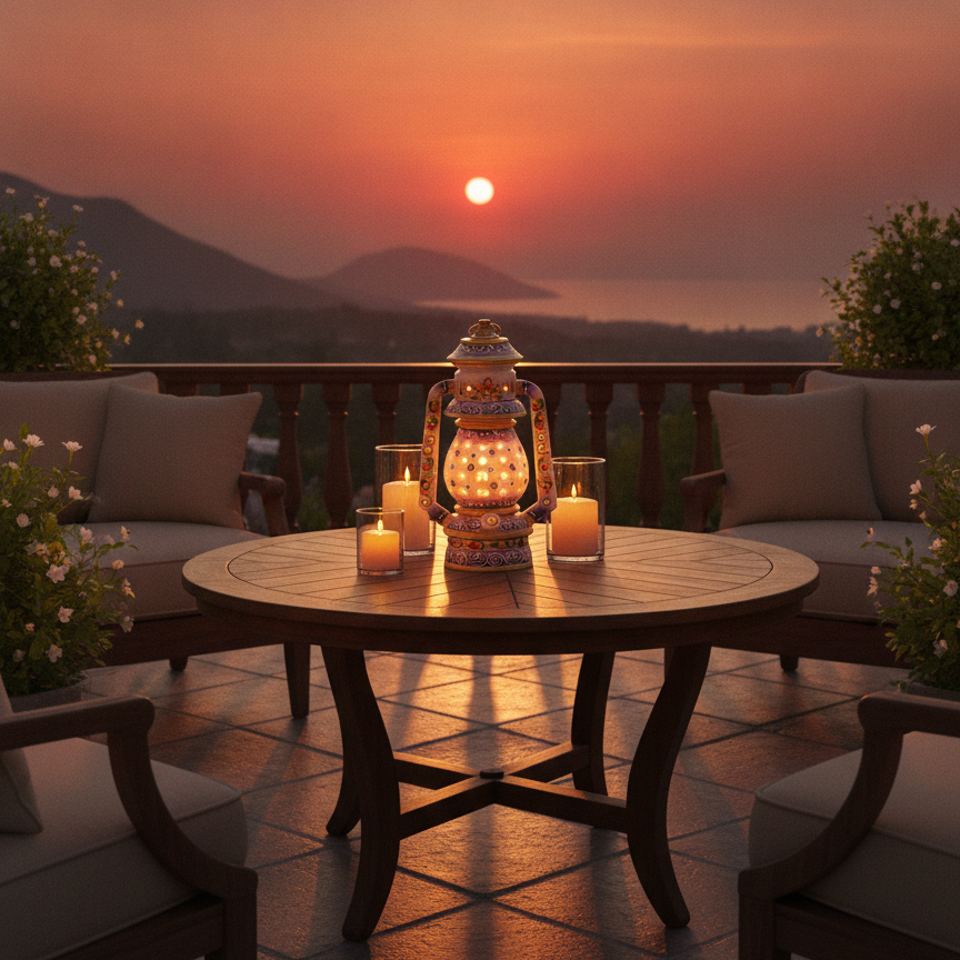 Handcrafted marble lantern on an outdoor patio table at sunset with ambient lighting.
