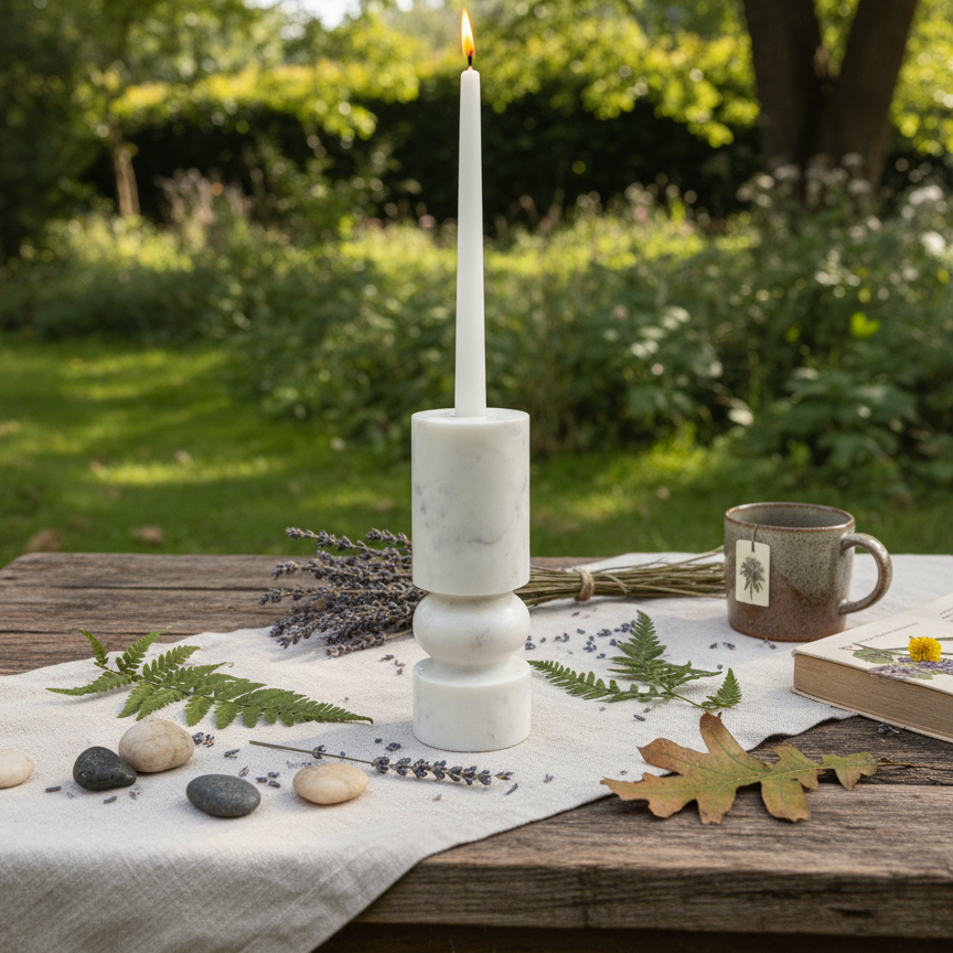 Banswara marble candle holder with lit candle styled in an elegant outdoor garden setting